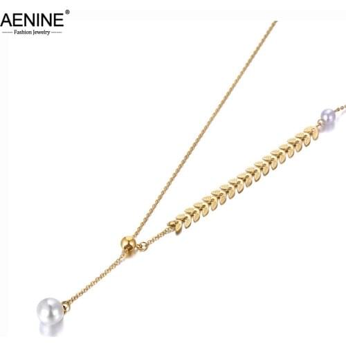 AENINE Trendy Bohemia Stainless Steel White Pearl Choker Necklaces For Women Girls Chic Leaflet Charm Pendant Necklace AN20097
