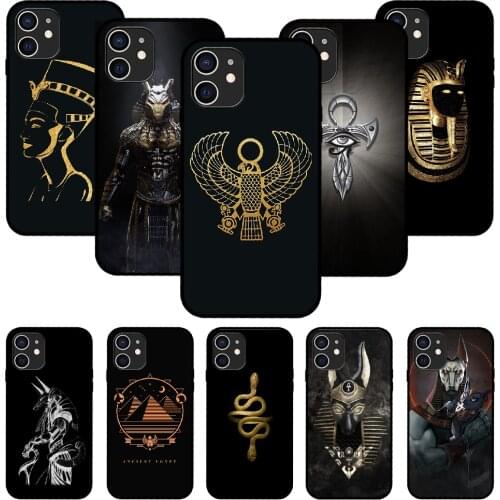 For iPhone 11 12 8 Plus Mini Pro X XR XS Max 4 5 7 6 6S 8 SE Phone Case Black Cover Back Luxury Egypt Nefertiti Anubis Gods