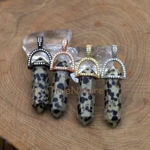 Dalmatian Jaspers Double Terminated Petite Nugget Gold Electroplated Pendant Micro Zircon Pave Cap Point In 45*10 mm PM7390