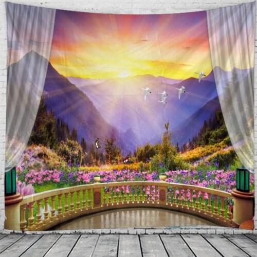 Beautiful Scenery Outside The Window Tapestry Hanging Flower Psychedelic Tapestry Wall Hanging Decor Halloween Deco