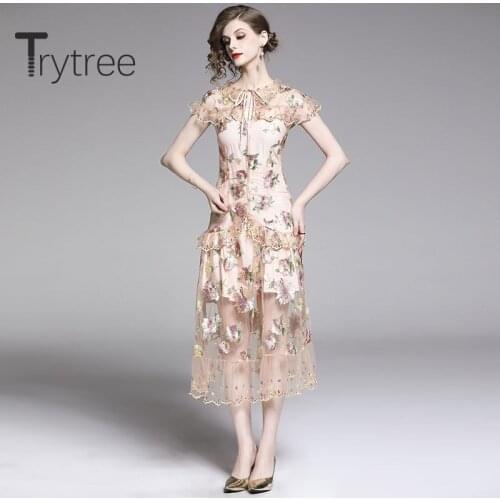 Trytree 2020 Summer Woman Casual Dress O-neck Patchwork Ruffles Embroidery Mesh A-line Fashion Elegant temperament Dress