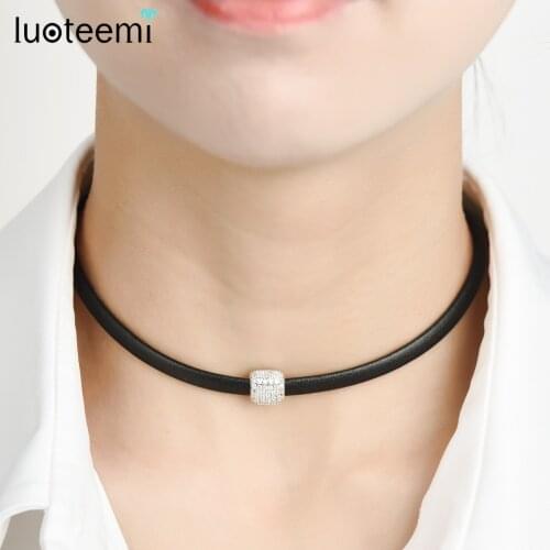LUOTEEMI Geometric Zircon Charm Beads With Black Braid Handmade Leather Necklace For Women Chocker Colar Jewelry Accessories