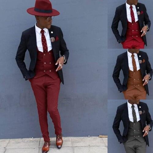 Newest Designs Mens Suits 3 Pieces Custom Made Groom Wedding Suit Tuxedo Slim fit Blazer with Double Breasted Striped Vest Pants