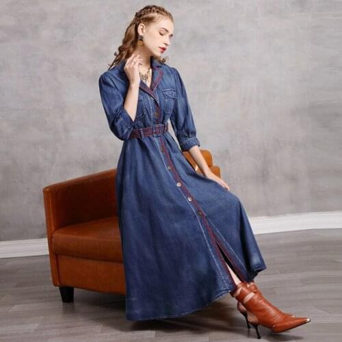 2021 Spring New Mid-Length Belt Dress European And American Suit Collar Slim Mid-Length Dress Women Fashion Denim Dress