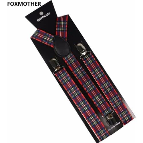 FOXMOTHER Mens Women Suspenders Red Plaids Clips On Y-Back Braces Elastic