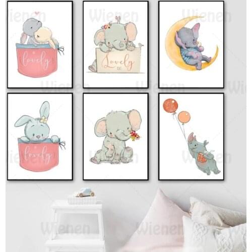 Nordic Posters And Prints Cartoon Animals Cute Elephant Rabbit Rhinoceros Canvas Painting Nursery Wall Art Baby Room Home Decor
