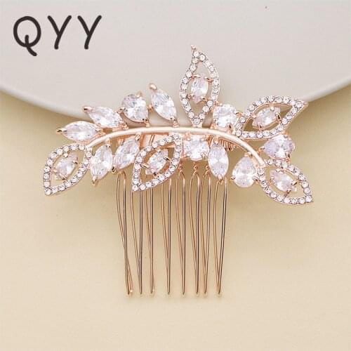 Rose Gold Color Leaf Hair Comb Clip Rhinestone Bridal Wedding Jewelry Zircon Hair Pins for Women Accessories Bride Headpiece
