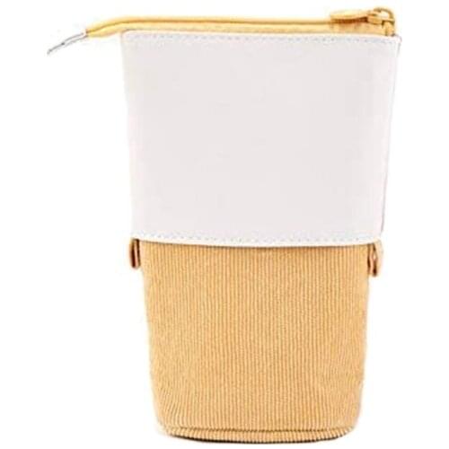 Pen Pencil Telescopic Holder Stationery Case PU Corduroy Stand-Up Transformer Bag Colorful Organizer Makeup Bag (Ginger)