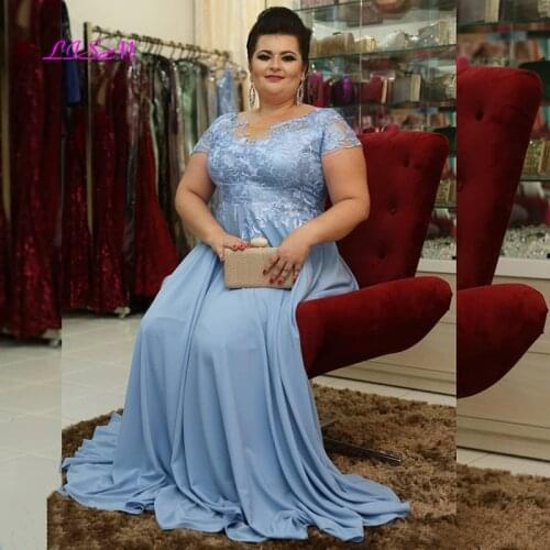 Sky Blue Lace Chiffon Long Mother of the Bride Dress Plus Size Short Sleeves Formal Occasion Evening Gowns Morther of Groom