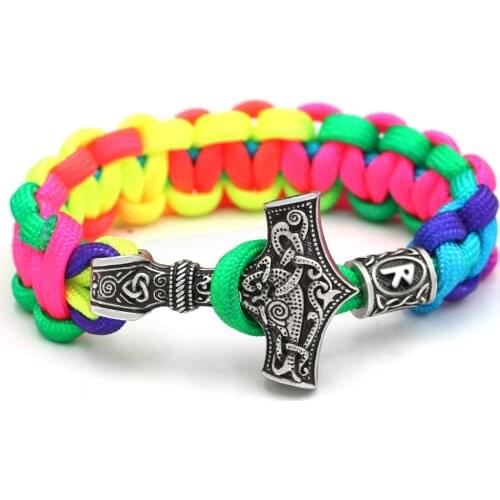 Youe Shone Norse Viking Thor Mjolnir Hammer Paracord Amuletceltic Rune Knot Amulet Scandinavian Light Rainbow Bracelet