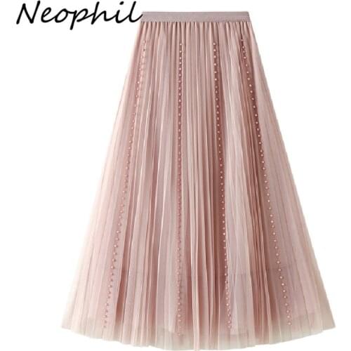 Neophil 2021 Summer Mesh Tulle Women Long Skirts Beading Fashion Ladies Volie Jupe Longue Femme Elastic Party Black Skirts S2914