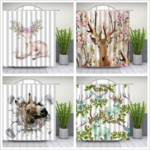 Elk Shower Curtains Hand Painted 3D Deer Flowers Green Leaf Antlers Bathroom Decor Home Bath Waterproof Polyester Curtain Set