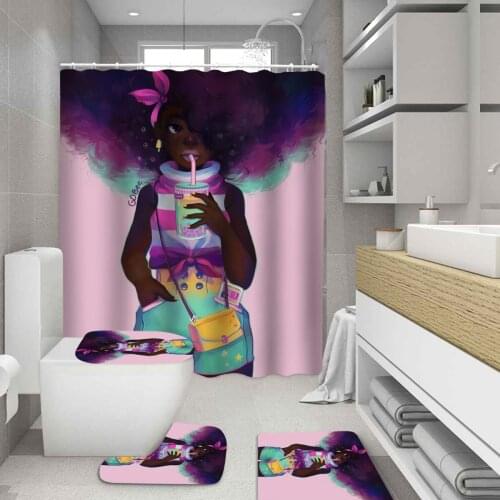 African-American Cute Loli Shower Curtain Black Girl Drinking Milk Tea Bathroom Curtains Set Non-Slip Rugs Toilet Lid Cover Mat