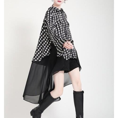 Johnature New Long Irregular Print Womens Tops And Blouses 2021 Autumn Fashion Loose Ruffles Patchwork Female Shirts