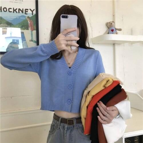 Zjaiss 2021 Knitted Crop Cardigan Women Korean Short Sweater Long sleeve Loose V neck Green Blue White Chic Casual Coat