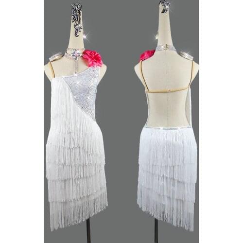 Rhinestone Latin Dance Dress Women Sexy White Fringed Skirt High-end Custom Adult Ladies Childrens Latin Performance Clothing