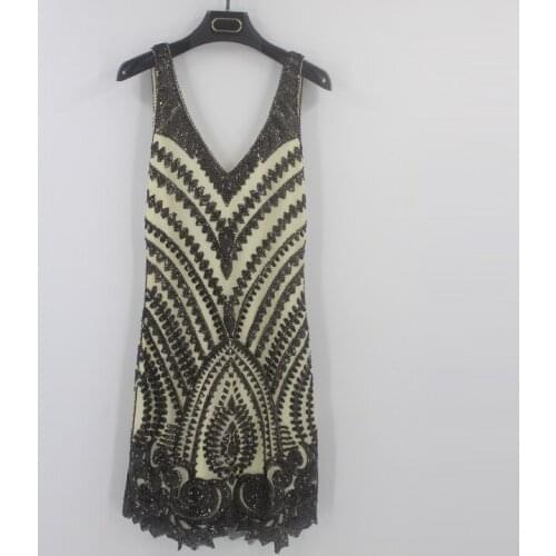 Sexy Deep V Neck Sleeveless Back Cut Out Summer Party Dress Geometric Beaded Sequin Dress Irregular Hem Slim Gatsby Dress