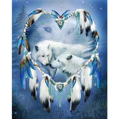 Animal Wolf Diamond Painting Full Round Indian Feather Nouveaute DIY Sticking Drill Cross Embroidery 5D Simple Home Decoration