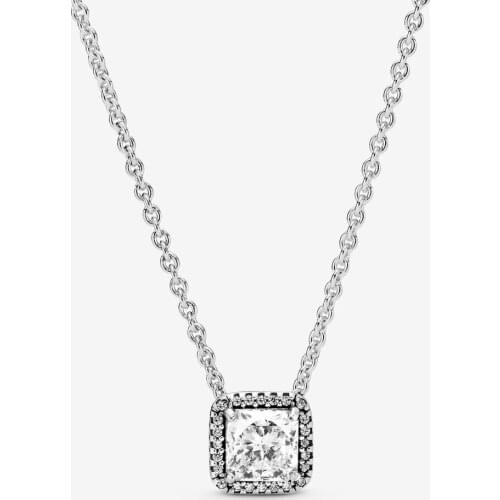 100% 925 Sterling Silver Timeless Elegance Necklaces & Pendants for Women Fine Jewelry Square Sparkling Halo Necklaces Colgantes
