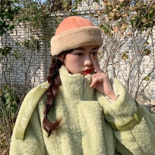2020 Cool di zhu mao Female New Korean Version of the Vintage Thick Warm Hipster Skullcap Solid Color Dome Suede Hat