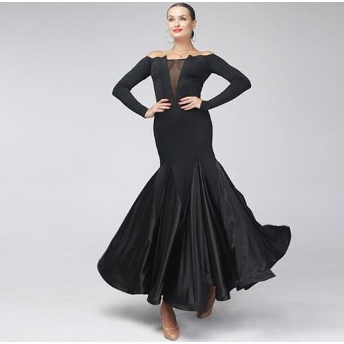 2021 Modern Ballroom Dance Competition Dresses Women Off Shoulder V Neck Sexy Waltz Dance Clothes Black Prom Party Dress VDB3256