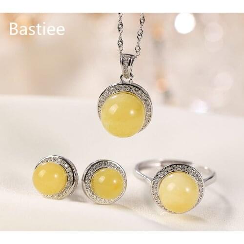 Bastiee Yellow Amber Round Beads Silver 925 Jewelry Set For Women Rings Necklace Pendant Studs Earrings Gift Golden Plated