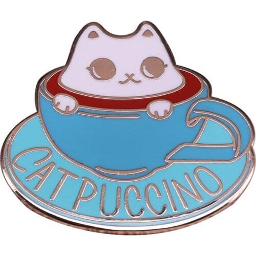 Cappuccino pin cute cat cup brooch coffee addict badge funny pun jewelry caffeine lovers collection