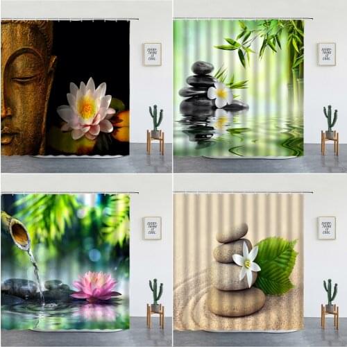 Zen Stone Buddha Flowers Scenery Shower Curtains Creativity Art Bathroom Bath Curtain With Hooks Waterproof Fabric Bathtub Decor