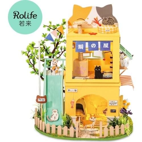 Robotime Rolife 178 pcs DIY Cat House 3D Wooden Miniature Dollhouse With Cat House Building Kit Toys for Children Birthday Gifts