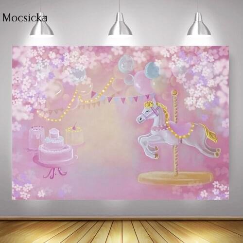 Pink Carousel Sweet Children Birthday Cake Table Background White Flowers Abstract Balloons Portrait Backdrop Photography Props