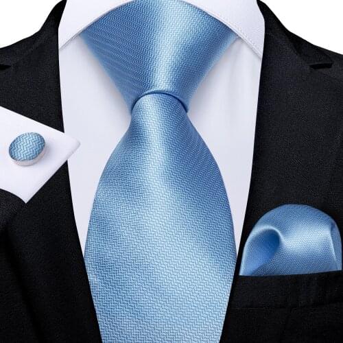 Light Blue Solid Mens Tie Set 8cm Formal Classic Wedding Tie Pocket Square Cufflinks Party Gravatas Gift For Men DiBanGu