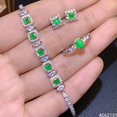 KJJEAXCMY fine Jewelry 925 sterling silver inlaid natural Emerald classic ring earring bracelet set support test Chinese style