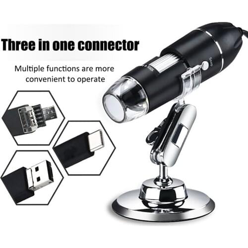 500X 1000X 1600X USB+MICRO+TYPE-C Microscope Digital Microscope USB Interface Handheld Microscopes with 8 LEDs with Bracket