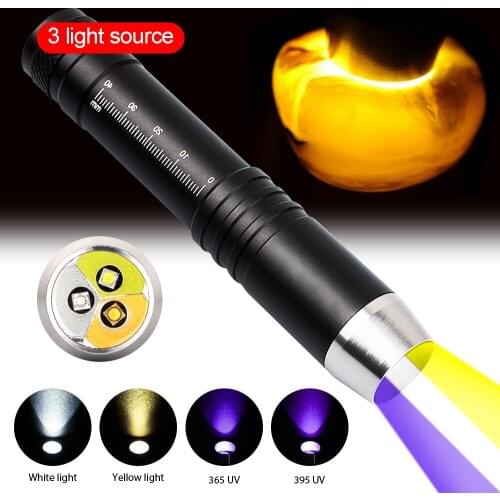 Min Flashlight White Light+Yellow Light +365/395nm UV Flashlight 8W Ultraviolet Jade Dentification Torch Purple Linternas