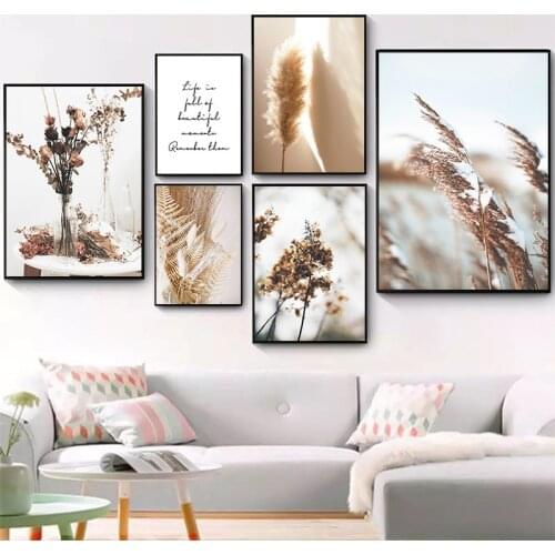 Nordic Minimalist Wall Art Painting Poster Brown Dried Flowers Print Beige Rreed Art Pictures For Living Room Home Decor TB45