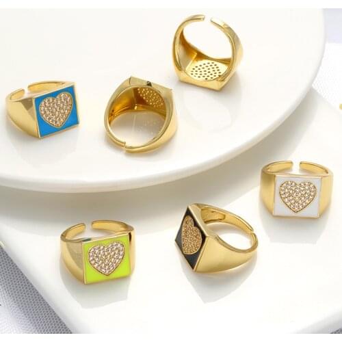 Oil Dripping Couple Ring Fashionable Opening Adjustable Multi-color Optional Wide Face Square Heart Inlaid Filling Jewelry