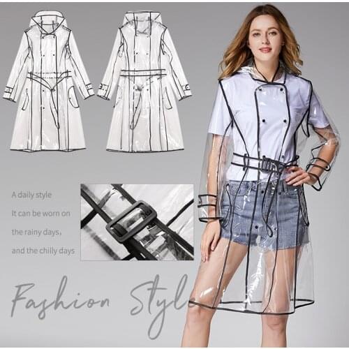 Fashion EVA transparent soft rain cover long raincoat woment hemmed belt long performance playing with water