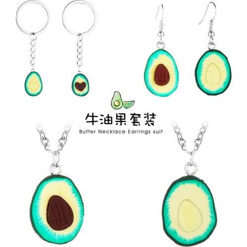 Cartoon Green Avocado Soft Ceramics Alloy Key Chains Necklace Drop Earrings Dangle Earrings Jewelry Sets for Women & Kids