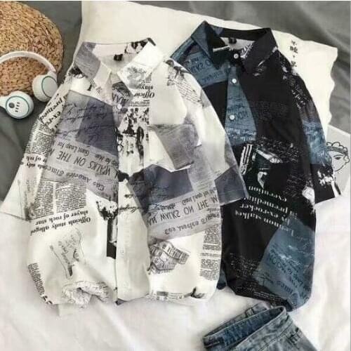 Mens Youth Vogue Newspaper Print Short Sleeve Summer Beach Hawaii Shirt Top