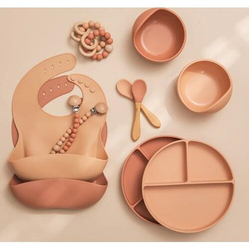 Tableware 6pcs/set Baby Silicone Tableware Waterproof Bib Solid Color Dinner Plate Sucker Bowl And Spoon For Children