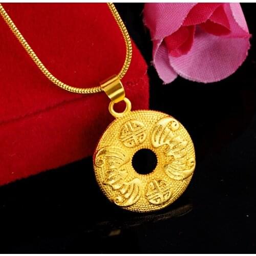 Chinese Traditional 24K Gold Plated Necklace Pendant For Women Men Round Cut Lucky Auspicious Buckle Necklace Fine Jewelry Gift