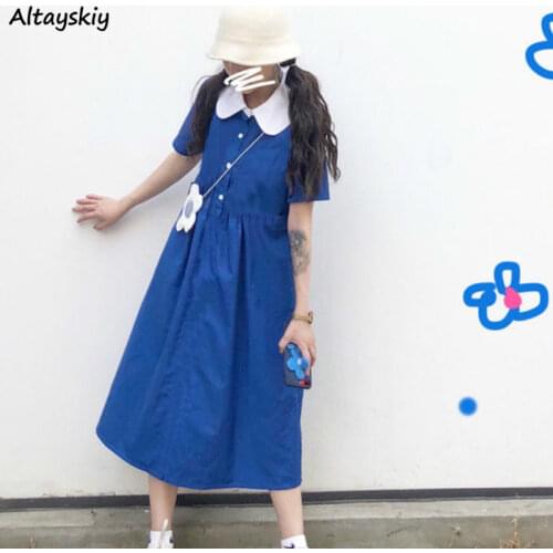 Dress Women Summer Long Loose A-line Blue Preppy Style Korean Baggy Lovely Student Popular Floral Patchwork Casual Oversize Chic