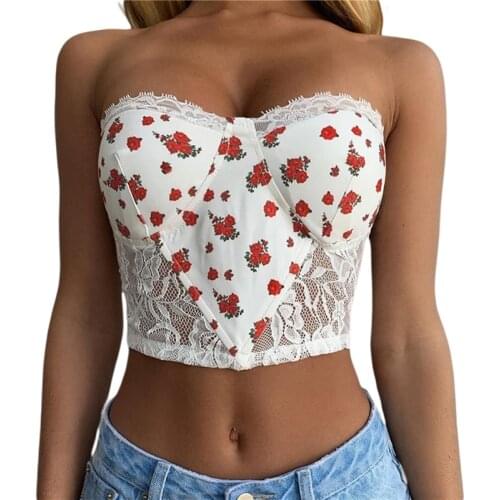 Sexy Deep V Neck Crop Top Women Summer Halter Bandage Tank Tops Beach Backless Knitted Club Party Female Floral Print Tops