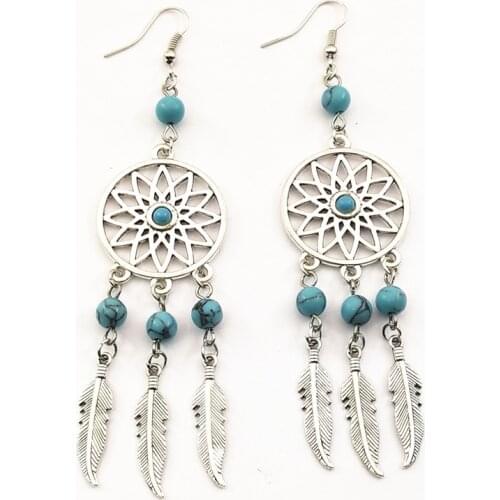 Vintage Silver Tassel Dream Catcher Feather Earrings For Women Girls Round Earring Bohemian Style Statement Jewelry