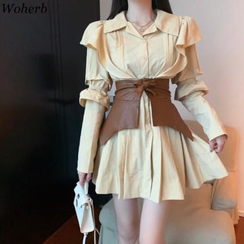 Woherb Sexy Shirt Dress Women Ruffle Long Sleeve Dresses Lady Korean Chic Vestidos with Belt 2020 High Street Fashin Robe