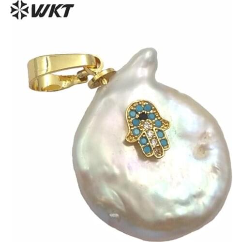 WT-MP128 Freshwater Pearl&CZ Pendant Jewelry Random Size Pearl With Hamas Crescent Evil Eye Sun Imperial Crown Charm Pendant