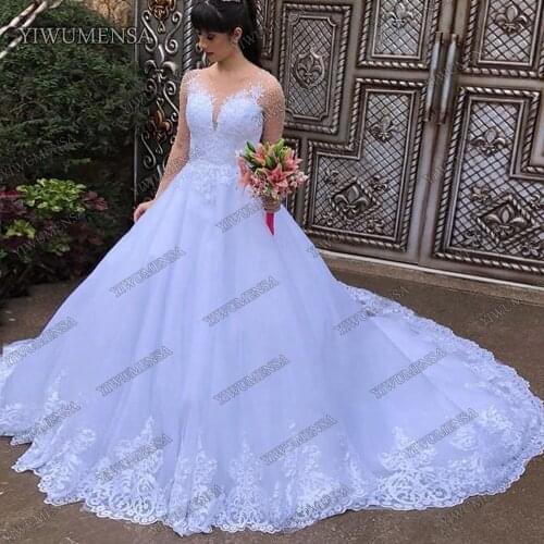 YIWUMENSA Illusion Long Sleeve Beading Ball Gown Lace Wedding Dress Plus Size Crystals Beading Bridal Dresses Robe De Marriage