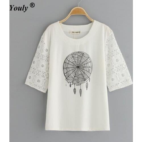 Plus Size 4XL Casual Loose T-shirt Women 2021 Dream Catcher Print Half Sleeve Boho Style Lace Big T-Shirt Cotton O-Neck Tops