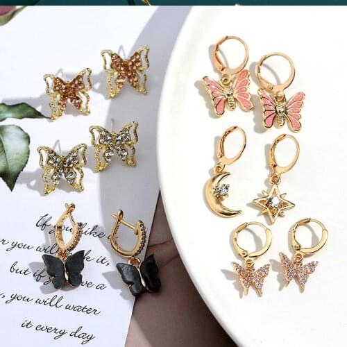 Flatfoosie Korean Fashion Gold Silver Color Star Moon Drop Earrings for Women Luxury Crystal Asymmetric Earrings Jewelry Gift