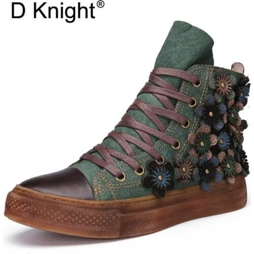 New 2021 Autumn Fashion Women Genuine Leather Boots Handmade Vintage Flat Ankle Botines Shoes Woman Winter Flower Platform Botas